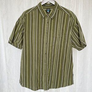 Kuhl Men's Button Up Shirt XL Short Sleeve Green Stripe Suncel Casual Outdoor